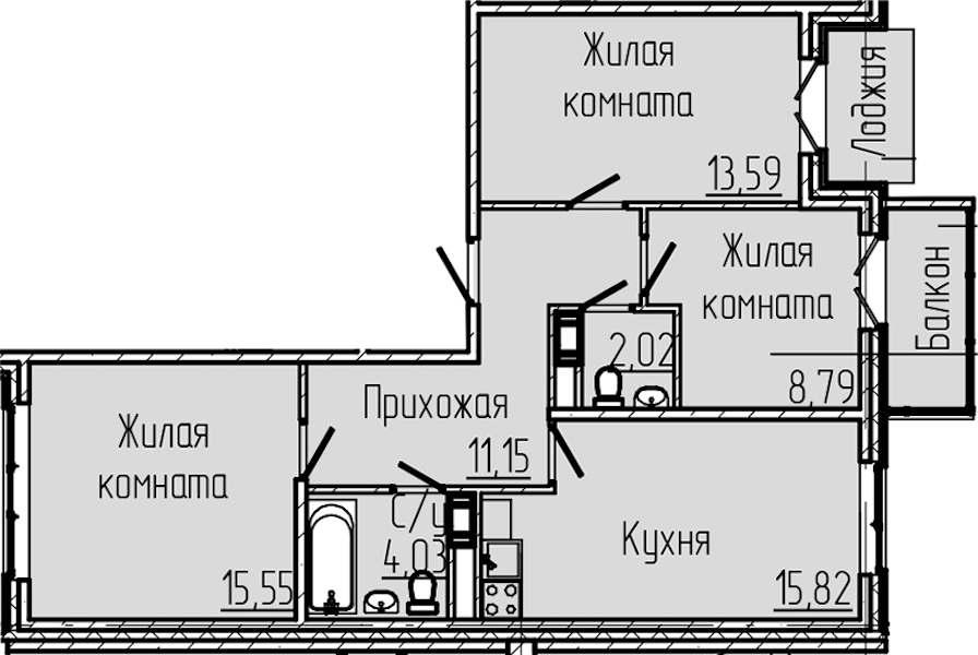 3-комнатная квартира 73.54 м², 7/8 эт., ЖК «SERTOLOVO PARK»